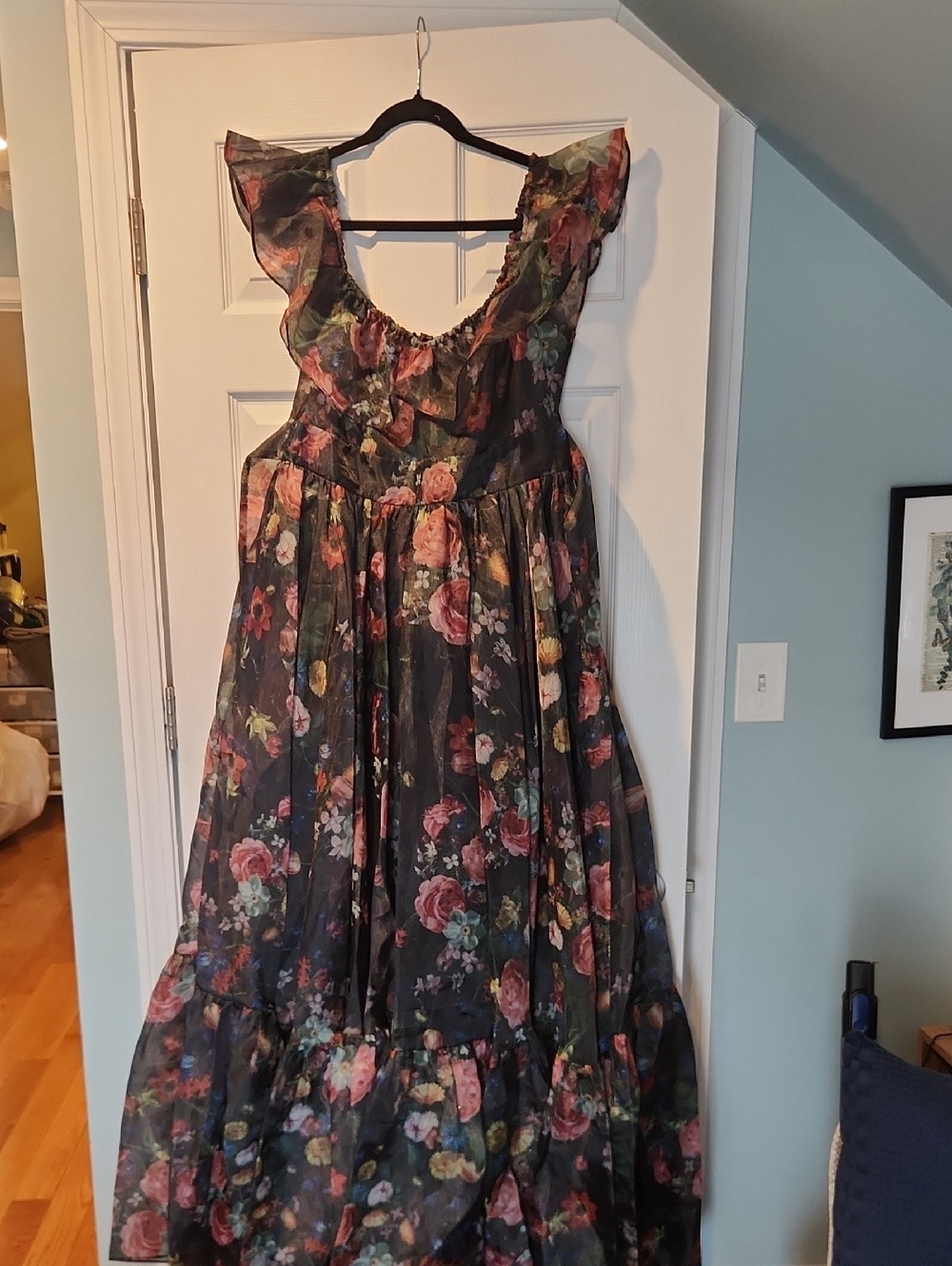 Selkie Black Floral Ruffle Maxi Dress